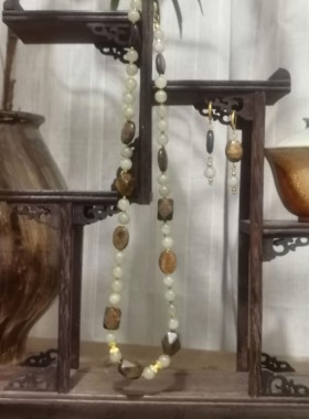 复古即时尚原创设计和田玉晴水天然石项链耳饰套装小众国风混搭风