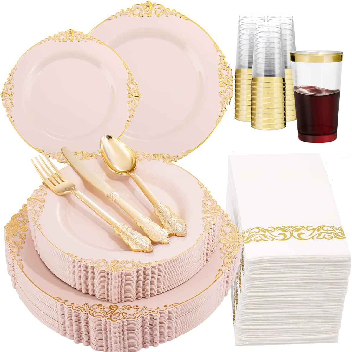175件套7.5+10.25寸一次性PS硬塑料烫金粉色浮雕盘刀叉勺酒杯套装