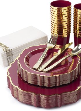 7.5+10.25寸一次性PS硬塑料盘红色烫金边盘烫金边粉色花边盘套装