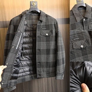 H家牛货~千鸟格设计！秋冬男士无痕压胶充绒保暖翻领休闲羽绒服潮