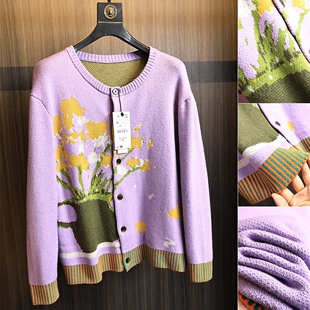 欧线订单！栩栩如生~花卉提花 秋冬情侣款撞色拼接无领针织衫开衫