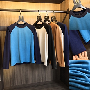 全新升级双面德绒！秋冬男士撞色插件袖保暖时尚百搭圆领长袖T恤