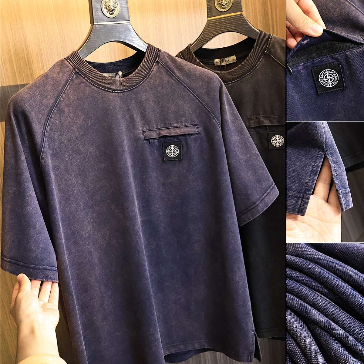 欧美原货!拉链口袋!徽章宽松插肩短袖 复古重水洗男士T恤短袖潮