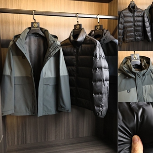 高端一衣多穿!三合一系列!H家~秋冬男士拼色户外防水连帽羽绒服