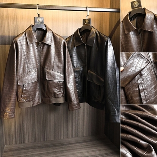 仿鳄鱼皮!高级感十足!秋季男士压花纯色复古翻领PU皮皮衣夹克潮