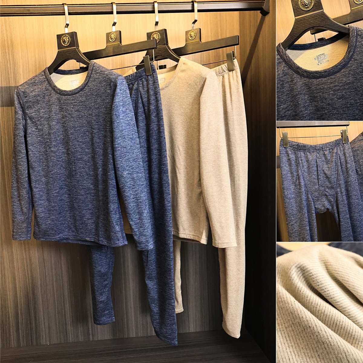 少量 貂绒+山羊绒混纺!秋冬男士纯色绒感打底衫秋衣秋裤保暖套装