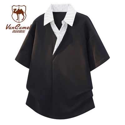 VANCAMEL西域骆驼夏季衬衫领条纹短袖假两件Polo衫男美式拼接T恤