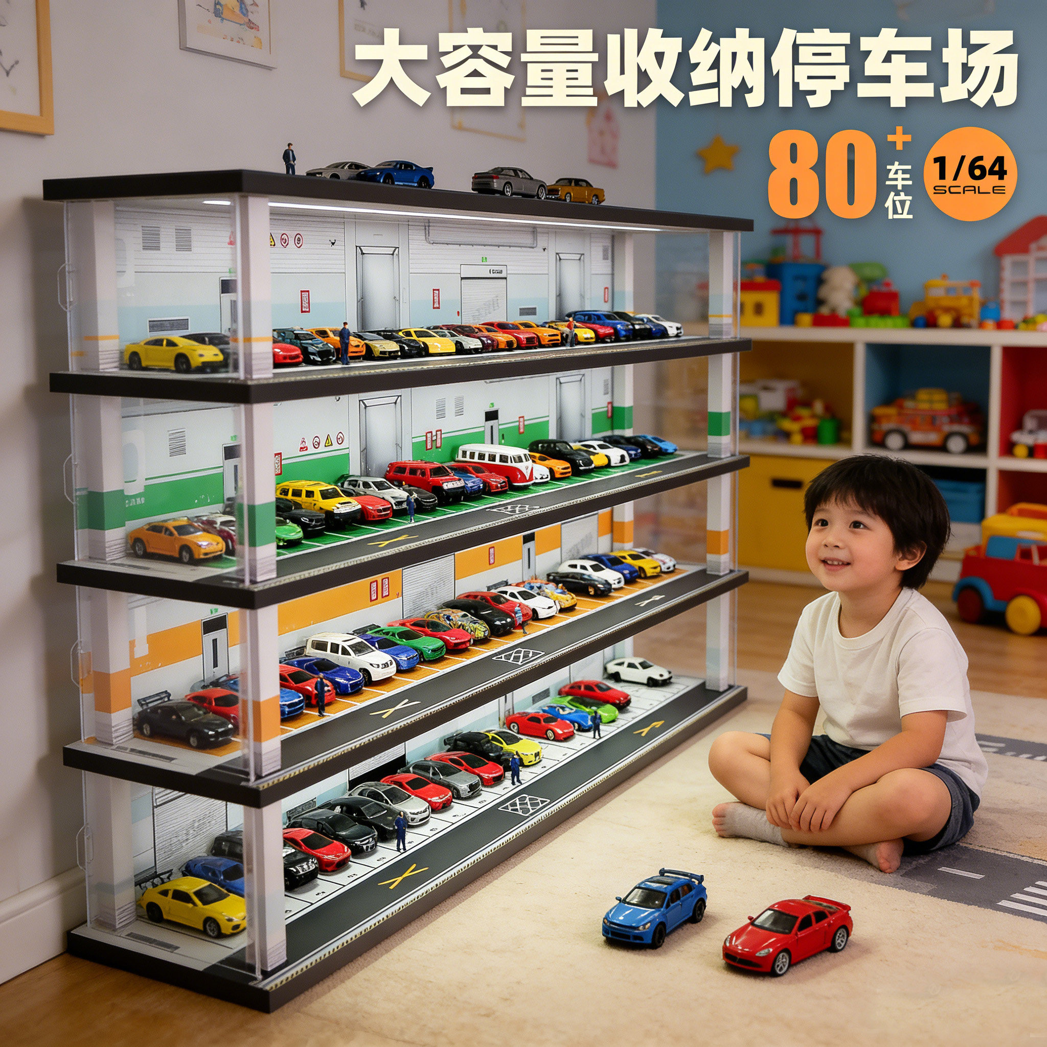 1:64车库带灯停车场车儿童模型男孩玩具展示收纳盒亚克力,模玩/动漫/周边/娃圈三坑/桌游,火车/摩托/汽车模型,淘宝优惠券,粉丝福利购,淘宝优惠卷