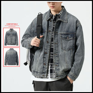 奥派鲨男士牛仔夹克2024春秋新款工装外套美式潮牌男生百搭上衣服