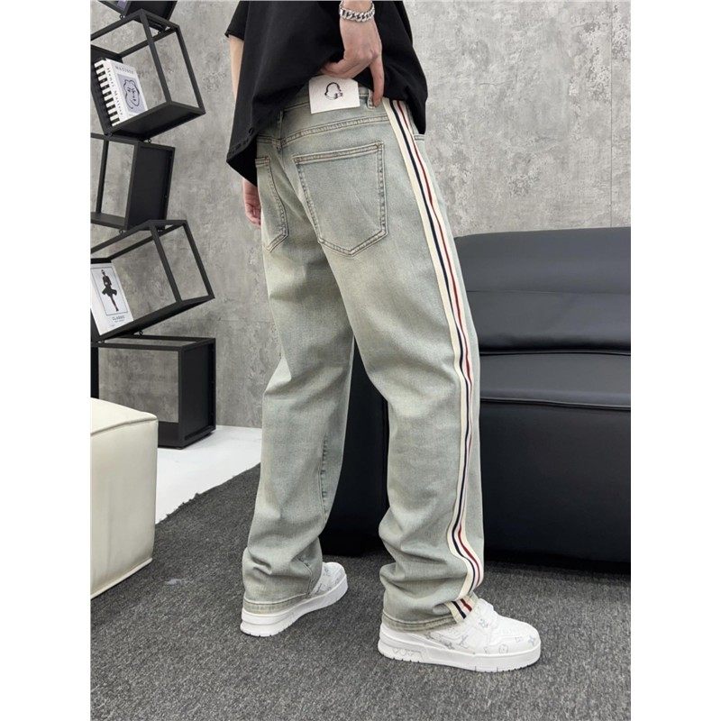 牛仔裤男士2025新款春夏潮牌高街复古直筒撞色织带条纹痞帅长裤子,男装,牛仔裤,淘宝优惠券,粉丝福利购,淘宝优惠卷