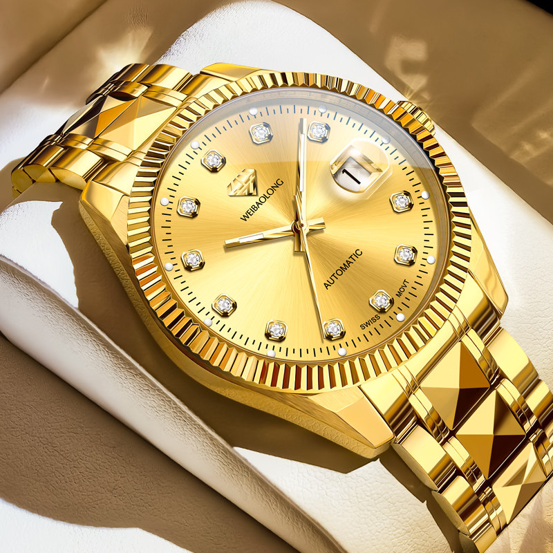 瑞士进口机芯威宝龙正品男士手表全自动机械表真钻黄金色商务男表