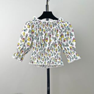 蕾丝花边小碎花泡泡袖衬衣女夏季新款短袖收腰遮肚一字肩韩版上衣