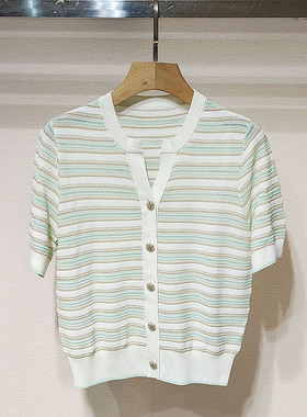 2025夏新女装 V领条纹短袖单排扣针织开衫上衣