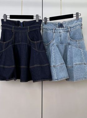 立体剪裁设计感高腰牛仔短裙深圳南油高端欧美女装宽摆裙子
