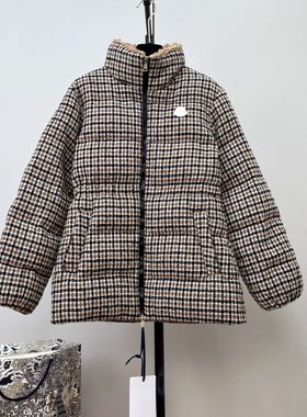 拼接粗花呢中长款格子羽绒服女收腰松紧腰格纹羊羔毛领外套面包服
