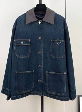 高品质拼皮领牛仔棉服女宽松落肩
