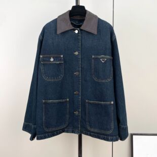 高品质拼皮领牛仔外套夹克女夹棉夹克格纹宽松落肩中长款棉服外套