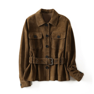 真皮皮衣春季新款山羊皮反绒廓形翻领复古收腰宋佳同款