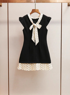 2025女装夏季新款法式复古拼接撞色蝴蝶结波点百褶