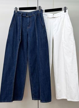 26春新款立体折叠设计感牛仔裤欧美女装腰带明线休闲宽松阔腿长裤