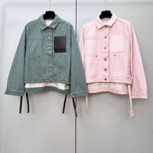 重工色织工装皮口袋牛仔外套女侧边开叉皮条宽松休闲时尚衬衣