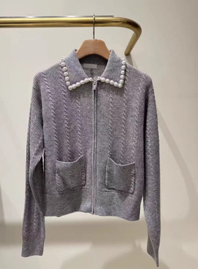 元品质S 2025秋冬新款女 法式绵羊毛灰色仿珠饰翻领绞花针织开衫