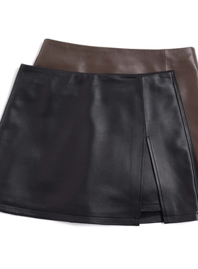 真皮皮裙2026春季新款 绵羊皮简约百搭开叉A字短裙隐形拉链半身裙