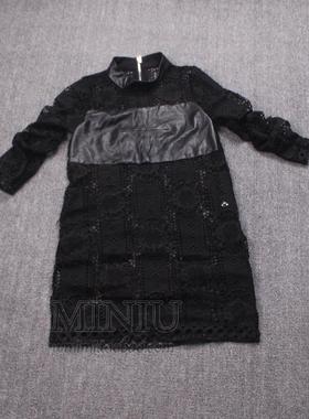 欧洲站2021秋冬新款女装上衣立领镂空拼接真皮打底衫中长款套头衫