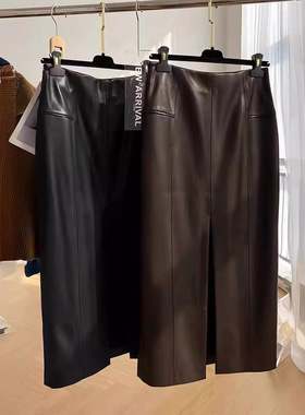 2024春秋新款时尚真皮包臀高腰中长款裙子开叉百搭显瘦