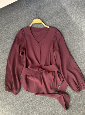 欧洲站2024秋气质V领腰带天丝宽松显瘦衬衫