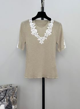 精致蕾丝水溶绣花弹力修身短袖针织衫女装上衣