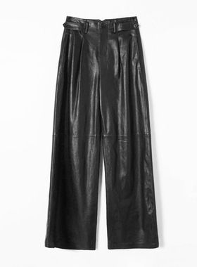 真皮皮裤 新款超薄植鞣绵羊皮带腰袢高腰阔腿直筒裤休闲裤