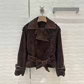 真皮皮衣老钱风大翻领绵羊皮反绒双排扣腰带收腰连肩夹克