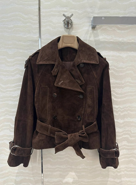 真皮皮衣老钱风大翻领绵羊皮反绒双排扣腰带收腰连肩夹克