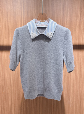 2026春季新款女装 法式假两件蓝白条纹衬衫领绵羊毛针织衫