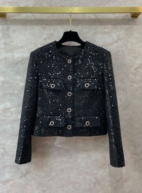 高品质重工珠片亮片黑色粗花呢外套女名媛小香风深圳南油短款上衣
