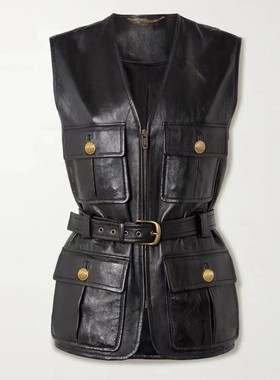真皮皮衣 秋季新山羊油蜡皮配腰带亮面纹理V领拉链皮马甲外套