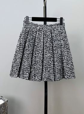 法式黑白编织百褶粗花呢短裙欧美时尚套装摩登别致压褶a字半裙女