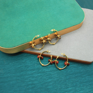 欧美夸张新年款耳钉复古C字环状款金环虎眼石红玛瑙耳饰气质饰品
