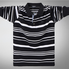 春秋新款加大码条纹长袖T恤衫全棉翻领肥佬6XL上衣中老年宽松外穿