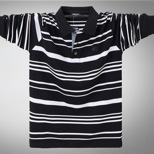 T恤衫 条纹长袖 全棉翻领肥佬6XL上衣中老年宽松外穿 加大码 春秋新款