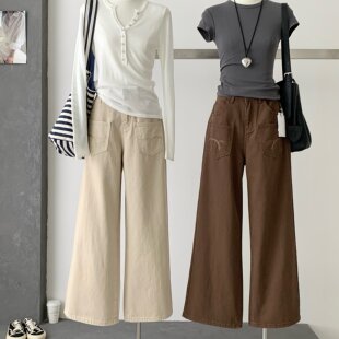 Bella出街 女秋新款 设计感前刺绣贴袋宽 直筒裤 松复古牛仔裤 im向