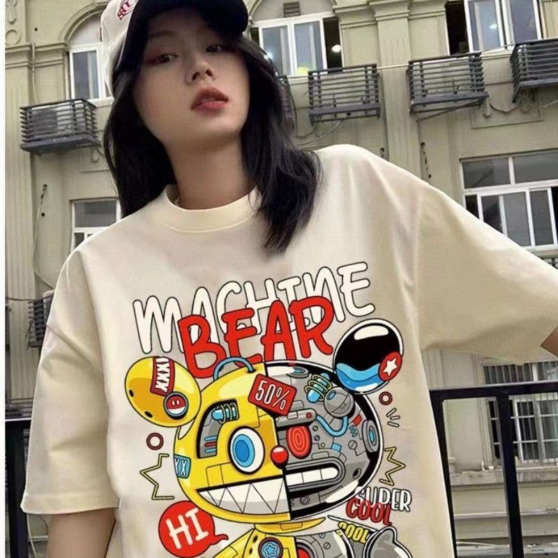 美式复古机器人印花t恤女短袖网红宽松色超超火韩版ins半袖上衣