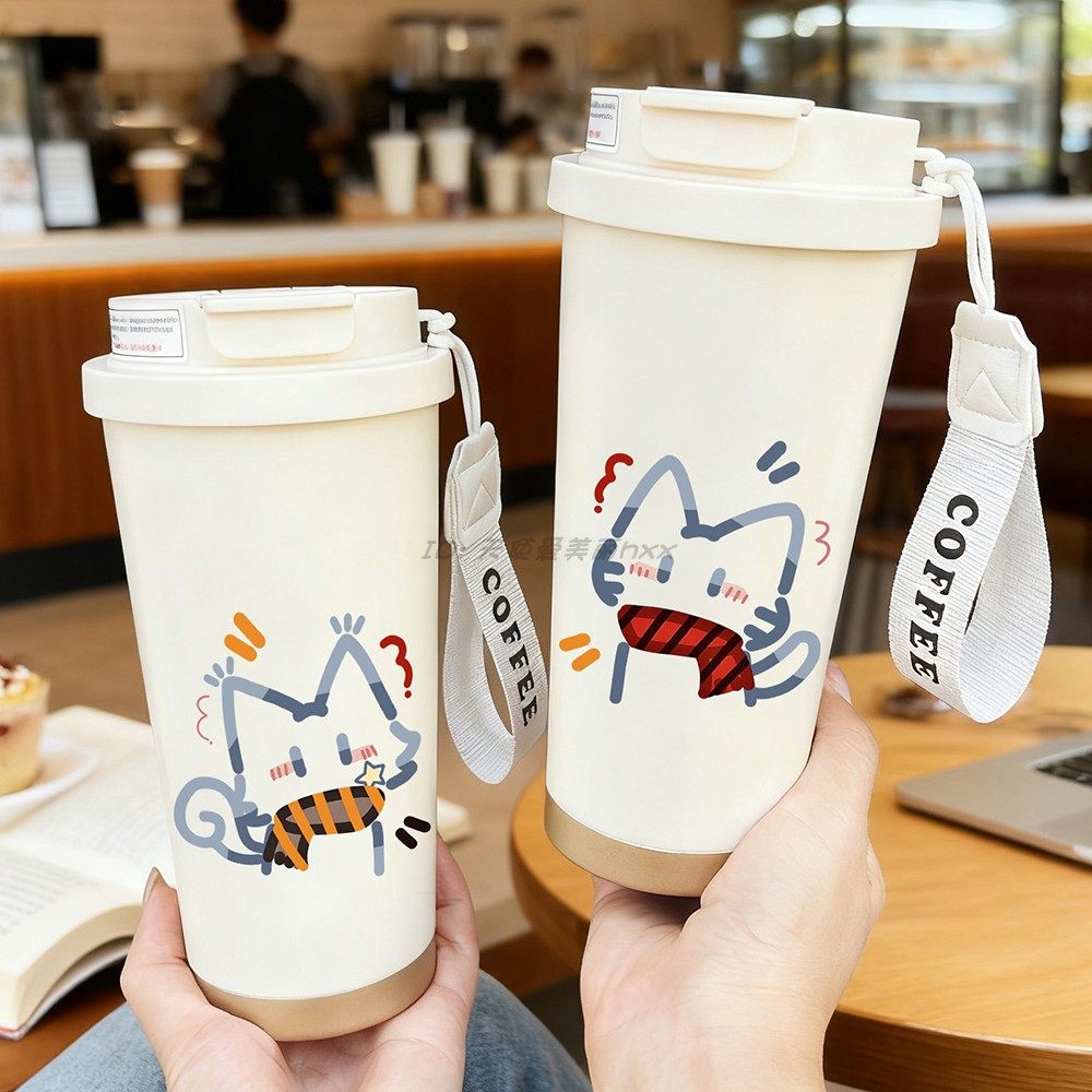 可爱线条小猫保温杯男女情侣吸管咖啡水杯学生不锈钢杯子便携礼品