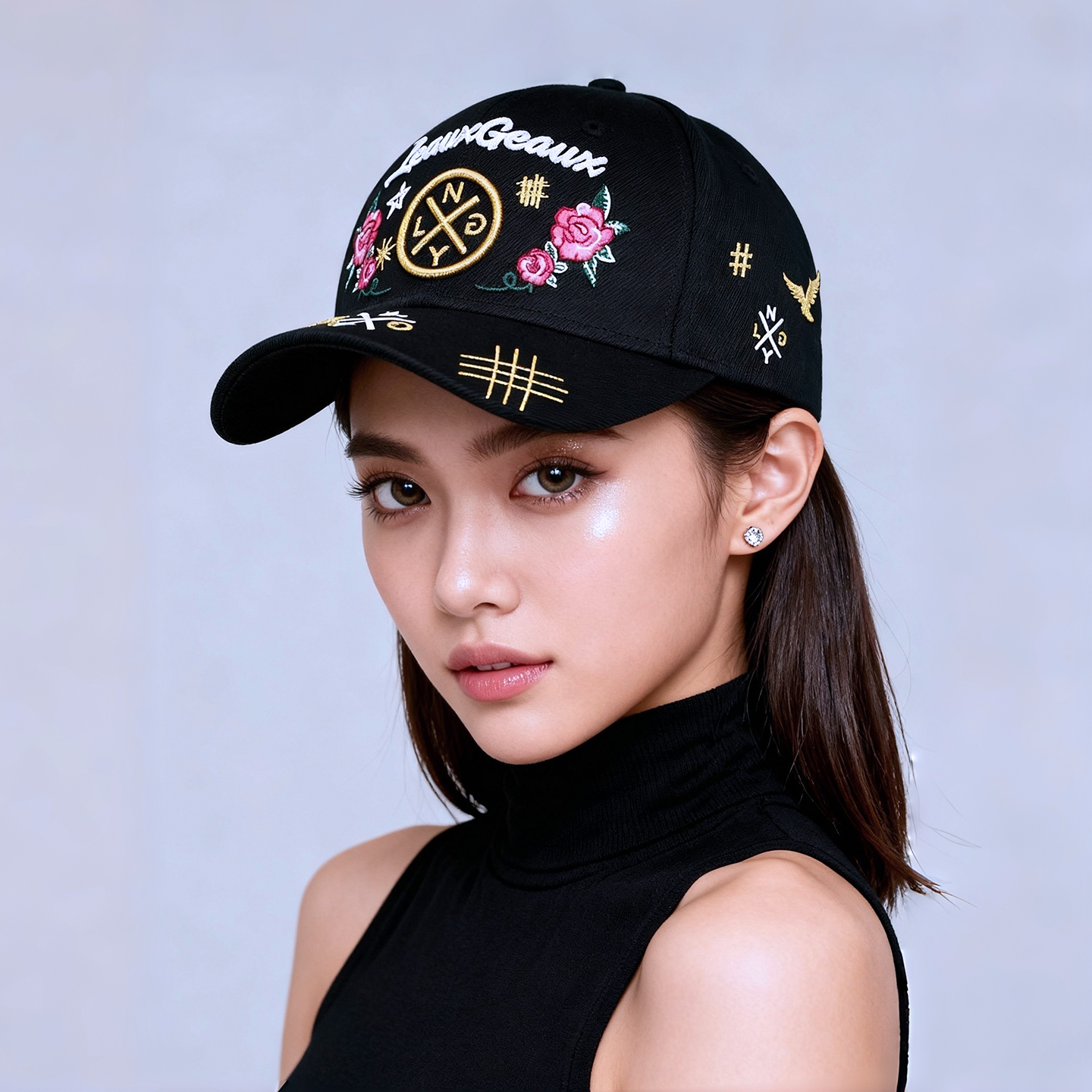 韩版正品LEAUX GEAUX花朵绣花黑色棒球帽 高端潮牌嘻哈遮阳帽子女