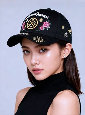 韩版正品LEAUX GEAUX花朵绣花黑色棒球帽 高端潮牌嘻哈遮阳帽子女