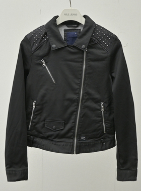 清仓ABLE JEANS女士黑色翻领牛仔夹克休闲拉链多口袋机车外套
