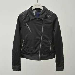 JEANS女士黑色翻领牛仔夹克休闲拉链多口袋机车外套 清仓ABLE