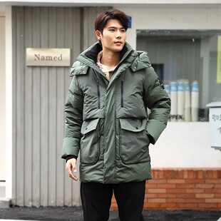 加厚羽绒服ablejeans男冬装白鸭绒连帽大口袋中长款外套潮流休闲