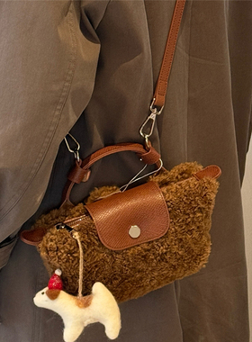 秋冬真皮羊羔毛包包迷你手提毛毛包女2024新款百搭单肩斜挎饺子包